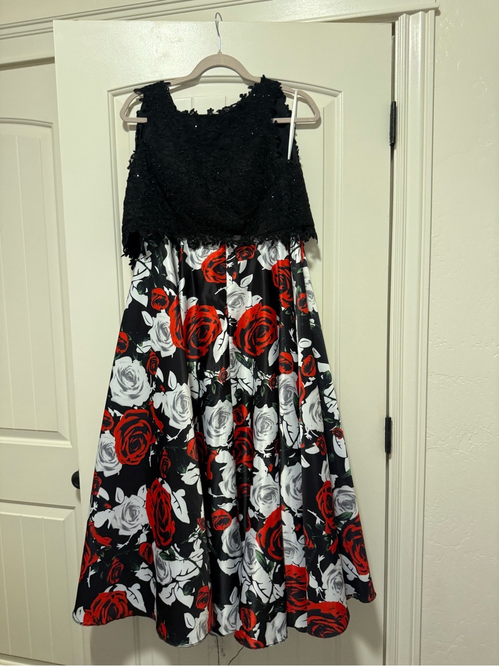 Black Lace Bodice Floral Prom Dress with Red & White Roses